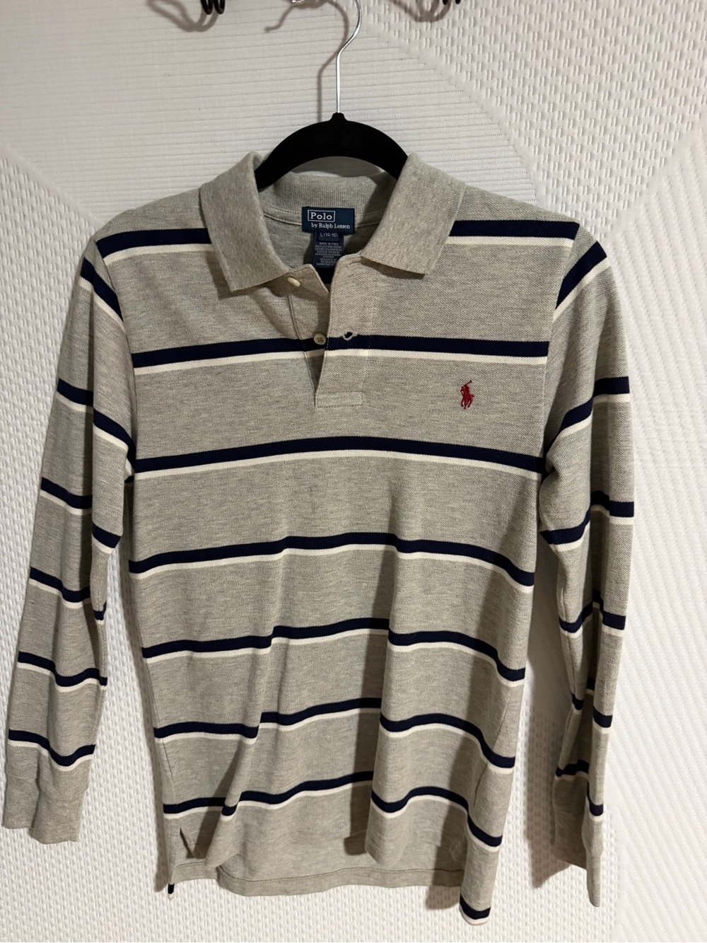 Ralph Lauren Beige and Navy Striped Long-Sleeve Polo L (14-16)